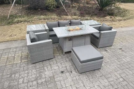 Luxury PE Rattan Garden Sofa Set with Fire Pit Table