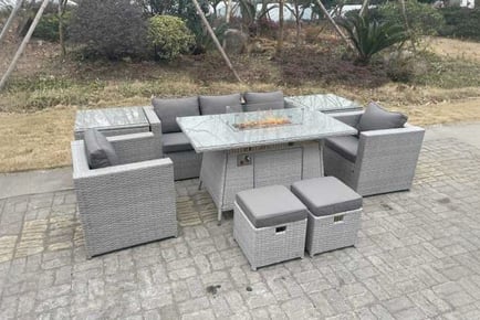 PE Rattan Garden Sofa Set Fire Pit Table