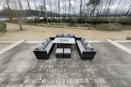 11-Seater Rattan Sofa Set Fire Pit Table