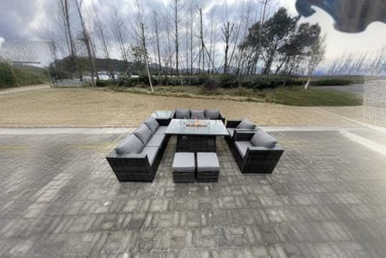 10-Seater Rattan Sofa Set Fire Pit Table
