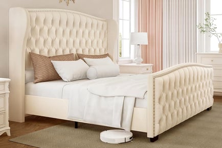 Plush Velvet Upholstered Wingback Cream Bed Frame in 5 Sizes