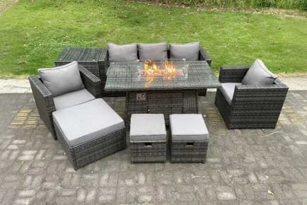 8 Seats PE Rattan Sofa Set Firepit Table