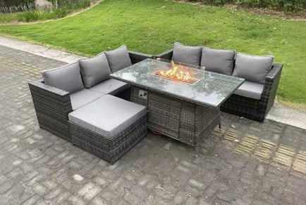 7-Seater Rattan Garden Set Firepit Table