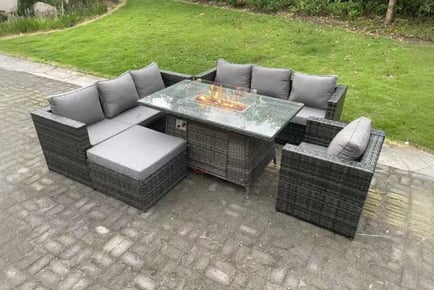 8-Seater Rattan Garden Set Firepit Table