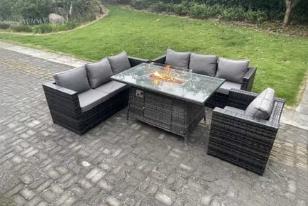 7-Seater Rattan Garden Set Firepit Table