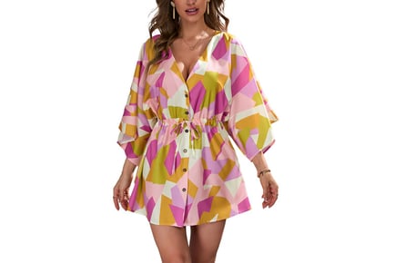 Printed Dress with Flared Sleeves in 5 Sizes & 5 Prints