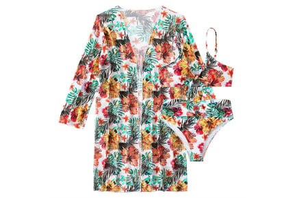 Women's 3-Piece Floral Bikini Set with Cardigan Cover-Up in 6 Sizes and 4 Colours