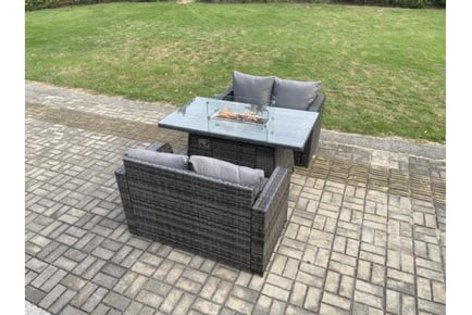 3 Piece Rattan Garden Set with Fire Pit