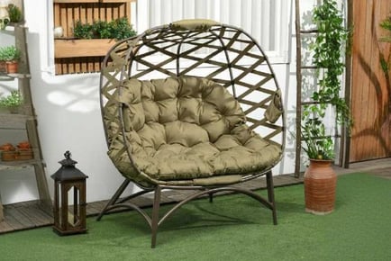 Outsunny 2 Seater Egg Chair Outdoor, Folding Weave Garden Furniture Chair with Cushion, Cup Pockets - Sand Brown