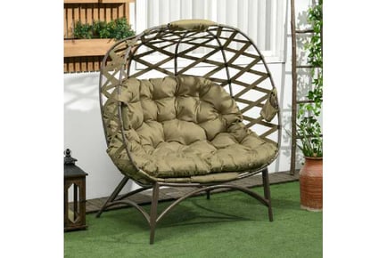 Outsunny 2 Seater Egg Chair Outdoor, Folding Weave Garden Furniture Chair with Cushion, Cup Pockets - Sand Brown