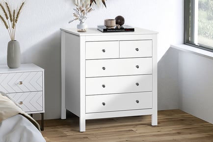 White Modern Chest of 5 Drawers and Metal Handles