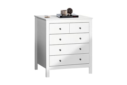 White Modern Chest of 5 Drawers and Metal Handles