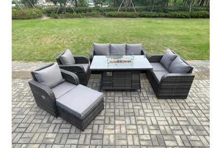 Rattan Garden Dining Set with Fire Pit