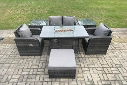 Luxurious PE Rattan Reclining Garden Set with Fire Pit