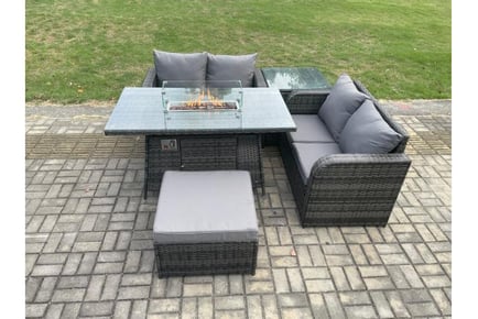 5 Piece Rattan Garden Set Firepit Table