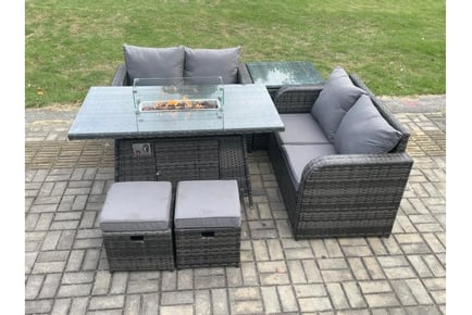 6 Piece Rattan Garden Set Firepit Table