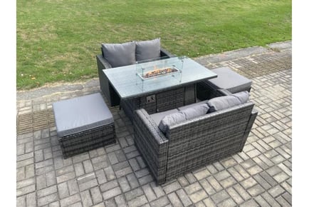 5 Piece Rattan Garden Set with Fire Pit