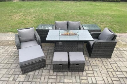 Stylish PE Rattan Reclining Garden Set with Cozy Fire Pit