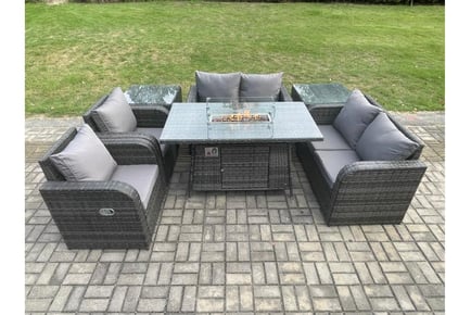 6-Seater Rattan Furniture with Fire Pit