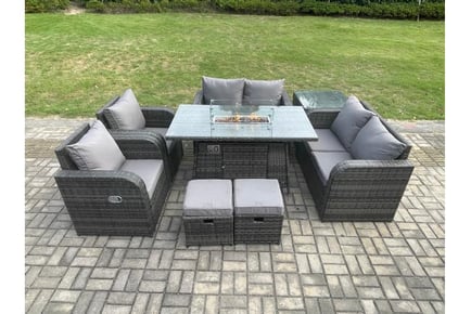 8-Seater Rattan Furniture with Fire Pit