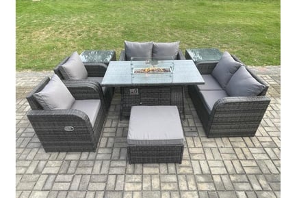 7-Seater Rattan Furniture with Fire Pit