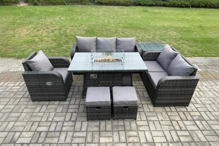 Ultimate Rattan Reclining Sofa with Firepit Table