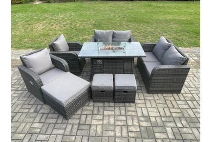 9-Seater Rattan Garden Set with Fire Pit