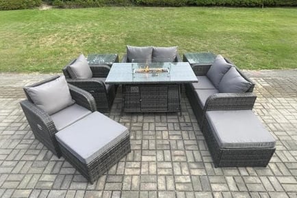 Luxurious 8-Seater Rattan Sofa Set with Stunning Fire Pit Table