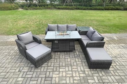 Deluxe Rattan Reclining Sofa with Firepit Table