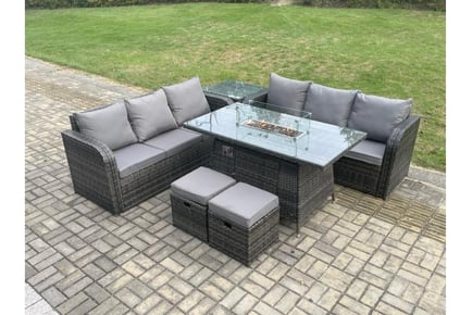 8-Seater Rattan Sofa Set Fire Pit Table