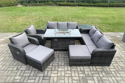 Deluxe 10-Seater Garden Sofa Set with Firepit Table