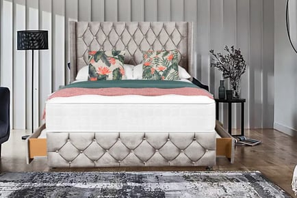 Silver Suede Divan Bed w/ Winged Headboard & Mattress - 6 Sizes!