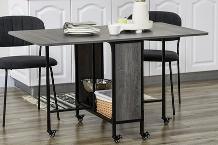 Grey Drop Leaf Folding Table with 6 Wheels & Storage Shelf