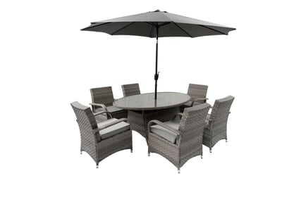 Aura 6-seater oval outdoor garden furniture set with a rain cover and a parasol, black
