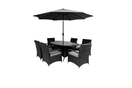Aura 6-seater oval outdoor garden furniture set with a rain cover and a parasol, black