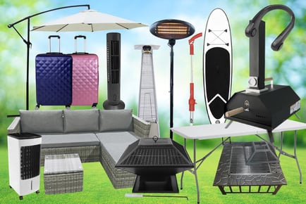 Summer Mystery Deal - Square Fire Pit, Paddle Board, Pizza Oven, 13-Inch Tower Fan, a 4-Seater Corner Sofa Set and More!