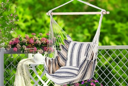 Blue and White Striped Hammock Swing with Pillows