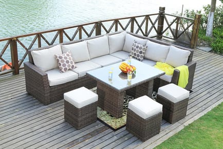 9-Seater Rattan Corner Sofa Dining Set with Glass-Top Table