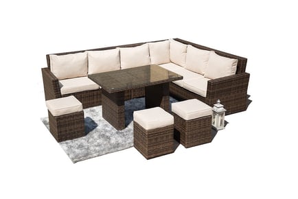 9-Seater Rattan Corner Sofa Dining Set with Glass-Top Table