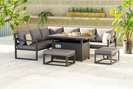 8-Seater Aluminum Corner Sofa Set with Fire Pit Table in Grey