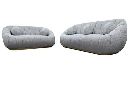 3+2 Seater Grey Boucle Fabric Sofa Set w/ Gold Trim