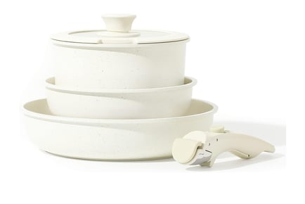 5-Piece Non-Stick Cookware Set in White with a Removable Handle