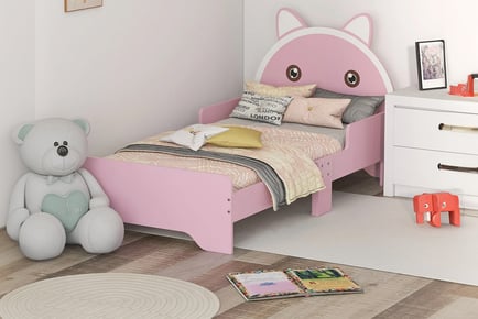 Kids' Cat Design Bed Frame w/ Guardrails in Pink