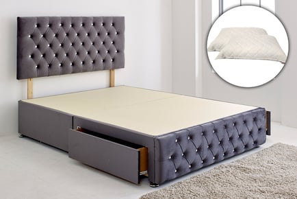 Chesterfield Charcoal Diamante Divan Bed, Headboard & 2 x Pillows