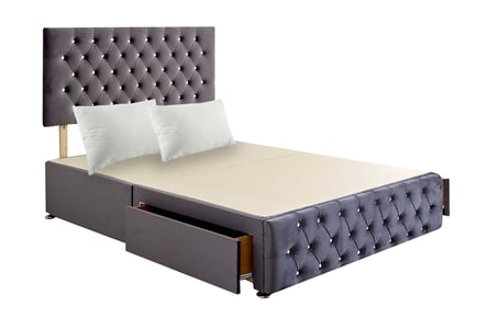 Chesterfield Charcoal Diamante Divan Bed, Headboard & 2 x Pillows