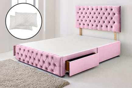 Diamante Divan Bed w/ Headboard & Pillows - Size & Drawer Options