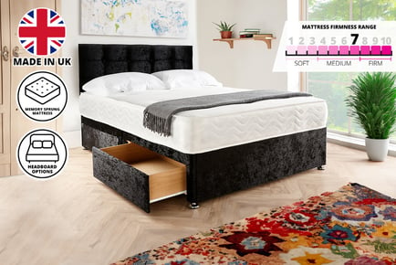 Crushed Black Velvet Divan Bed with Headboard & Optional Storage!