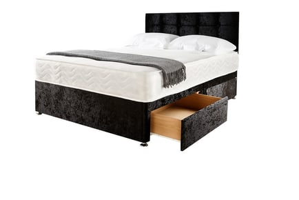 Crushed Black Velvet Divan Bed with Headboard & Optional Storage!