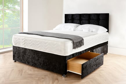 Crushed Black Velvet Divan Bed with Headboard & Optional Storage!