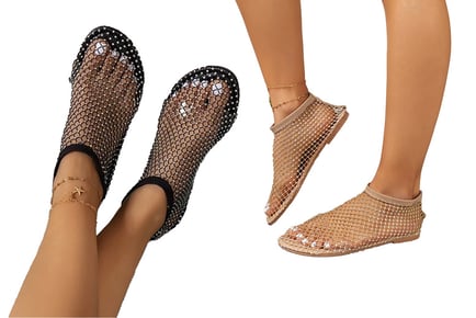 Rhinestone-Studded Flat Mesh Sandals - 6 Sizes & 2 Colours